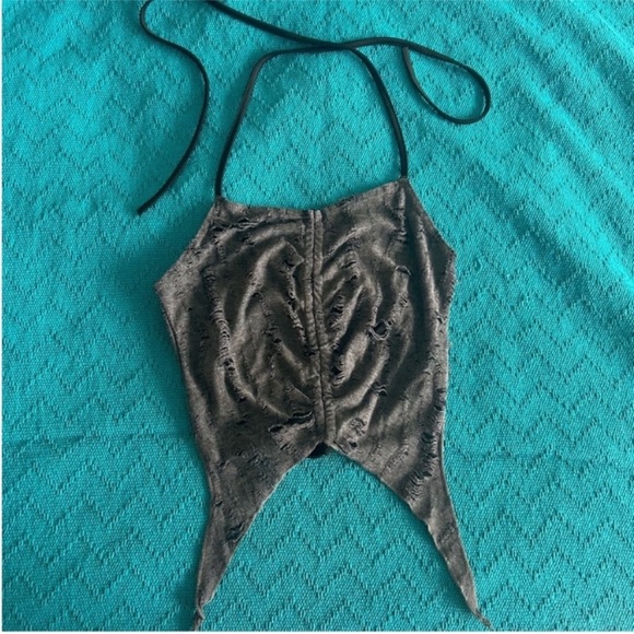 Gray Halter Irregular Draw String Top - Picture 3 of 6